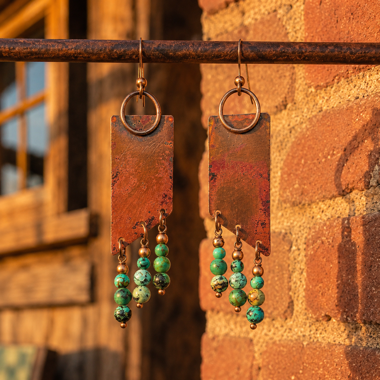 Handmade copper turquoise dangle earrings hanging on a rustic metal bar