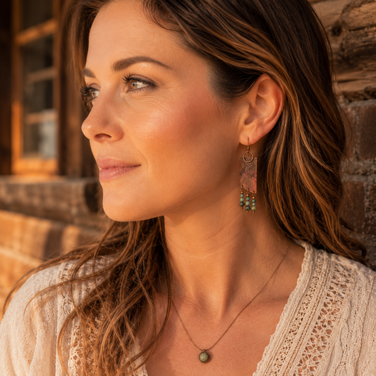 Woman wearing handmade copper turquoise dangle earrings in a rustic setting