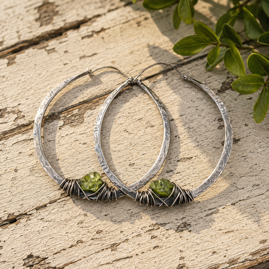 Hammered Sterling Silver Hoop Earrings with Raw Crystal Stone