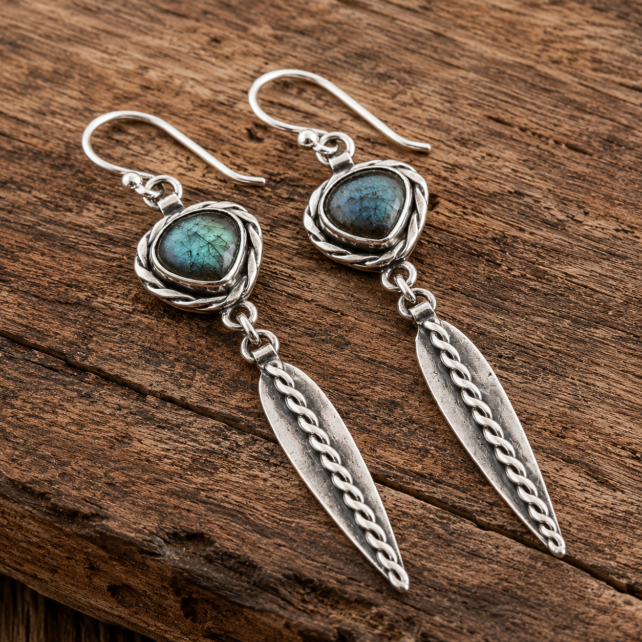 Vintage Handmade Labradorite Drop Earrings in Sterling Silver