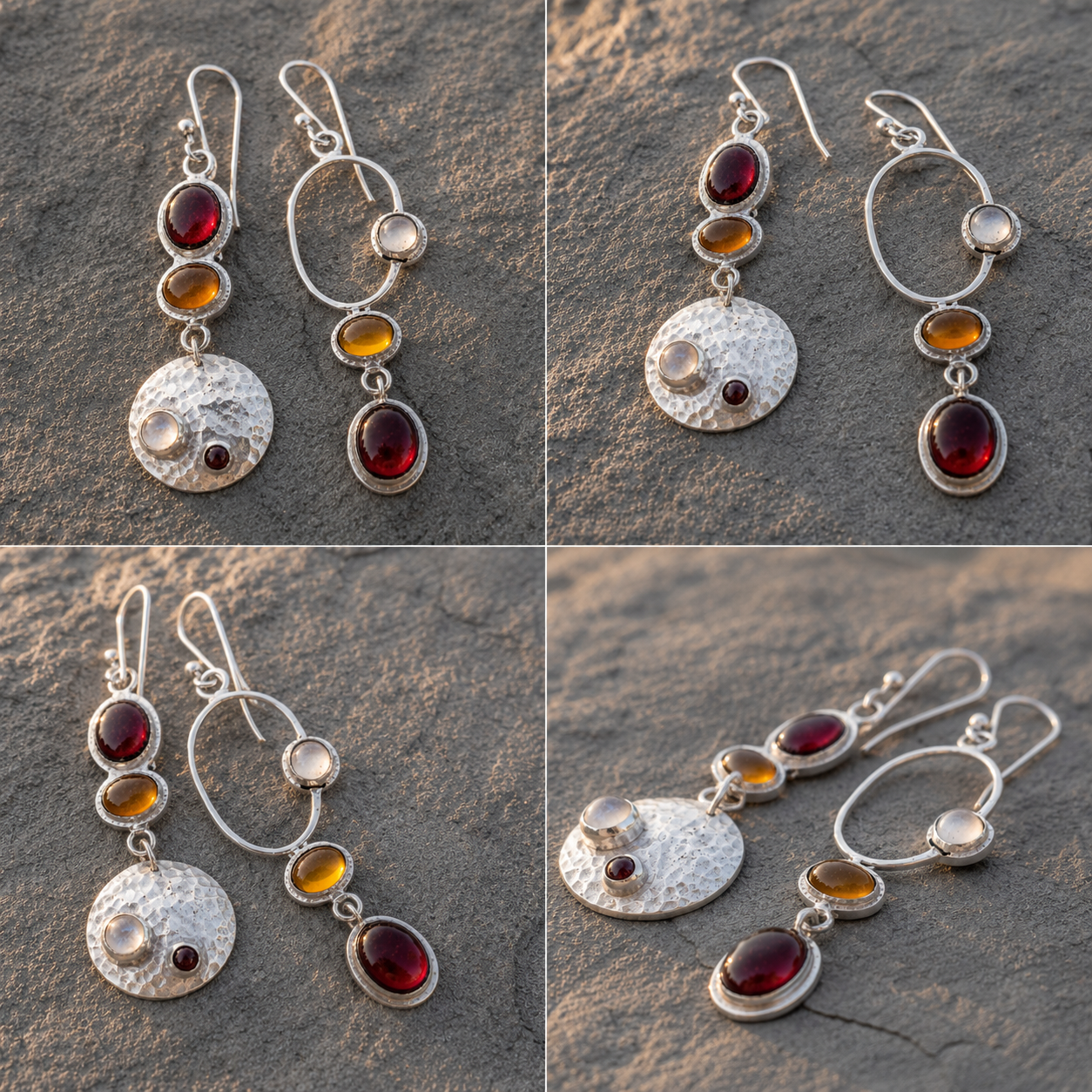Handmade Hammered Sterling Silver Agate, Moonstone & Labradorite Earrings