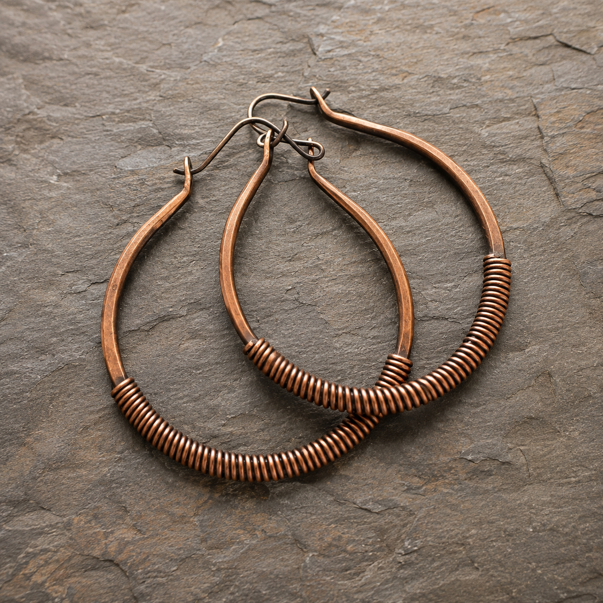 Handmade Hammered Copper Hoop Earrings – Wire Wrapped Boho Earrings for Women