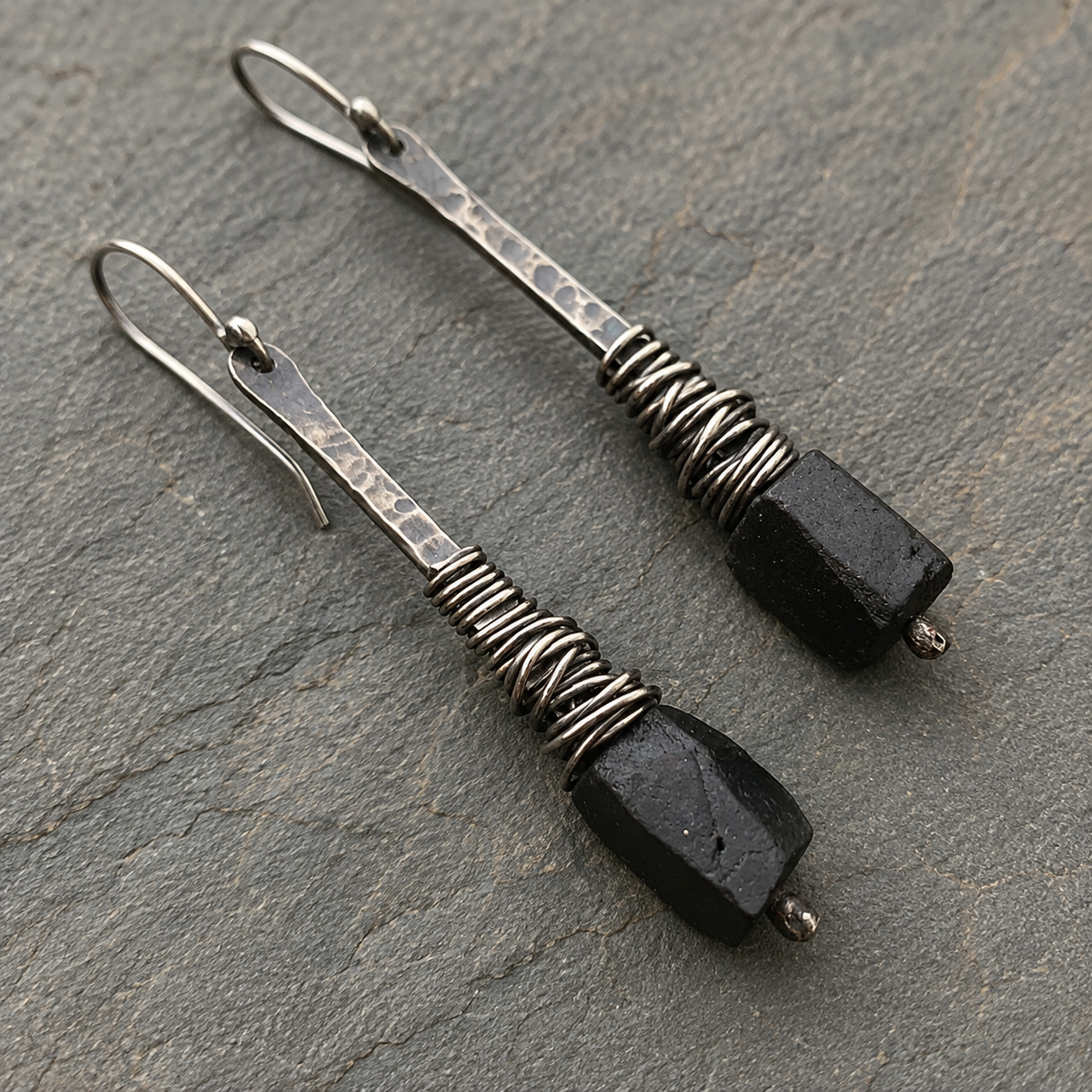 Handmade Sterling Silver & Black Obsidian Wire-Wrapped Dangle Earrings – Artisan Hammered Boho Earrings for Women