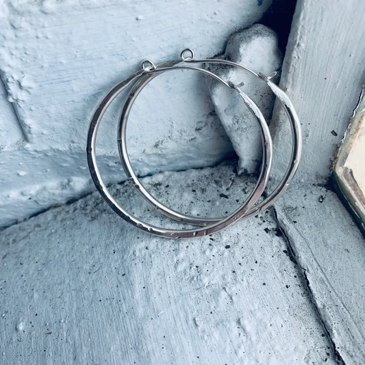Handmade Hammered Sterling Silver Hoop Earrings – Artisan Textured Silver Earrings for Women