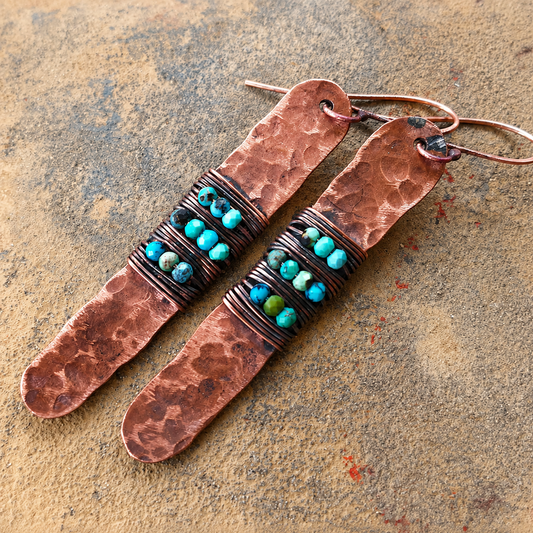 Handmade Hammered Copper Turquoise Earrings