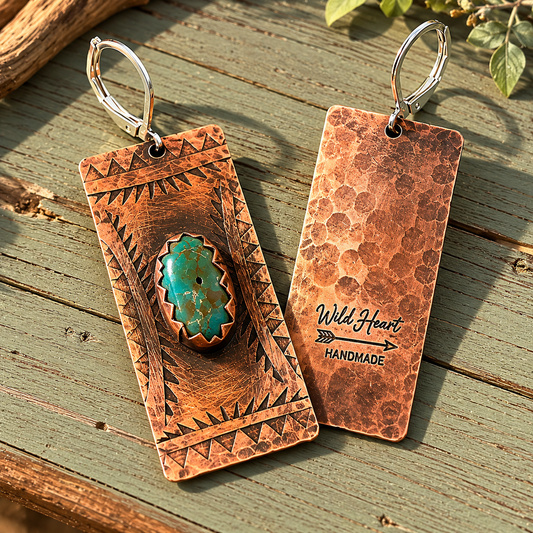 Handmade Hammered Copper Raw Turquoise Earrings
