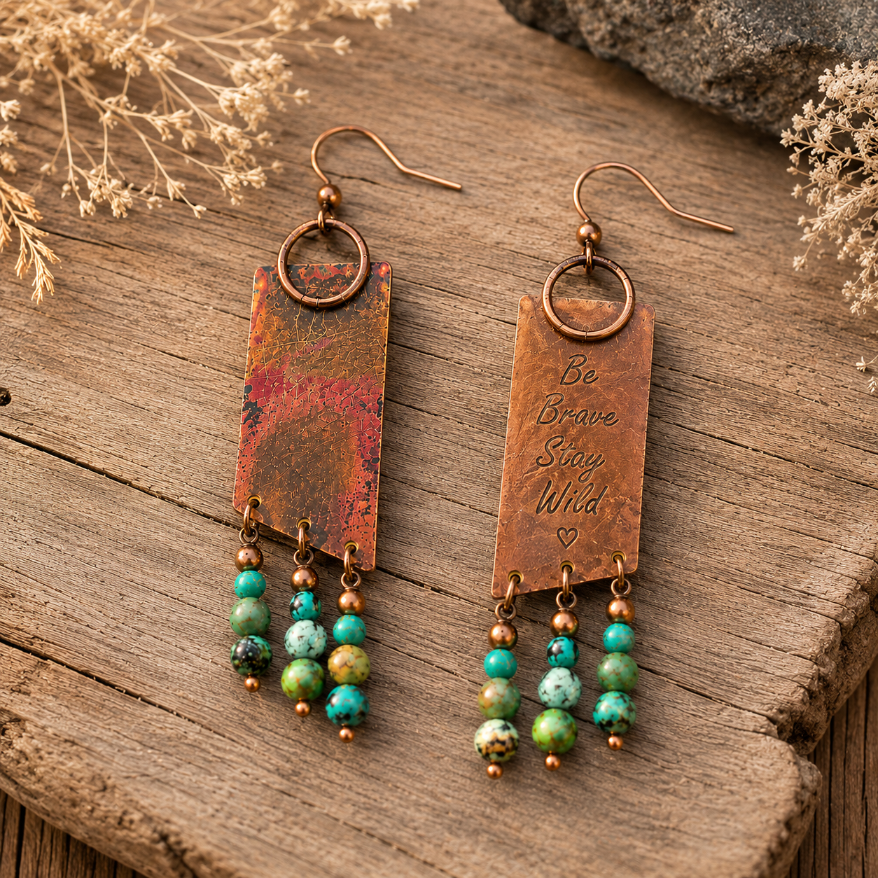Handmade Hammered Copper Turquoise Earrings