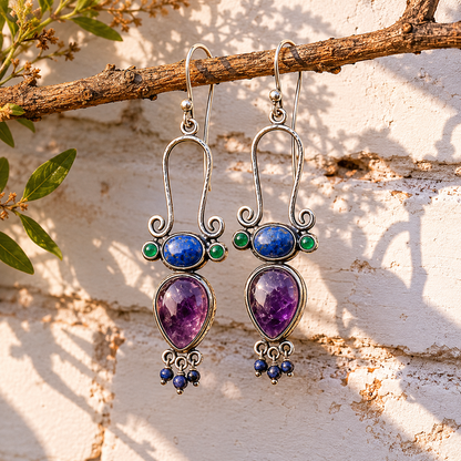 Handcrafted Amethyst and Lapis Lazuli Sterling Silver Earrings for Women