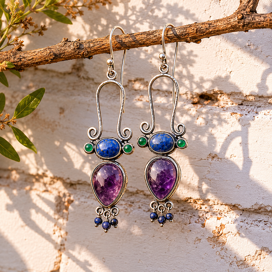 Handcrafted Amethyst and Lapis Lazuli Sterling Silver Earrings for Women