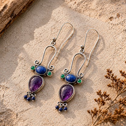 Handcrafted Amethyst and Lapis Lazuli Sterling Silver Earrings for Women