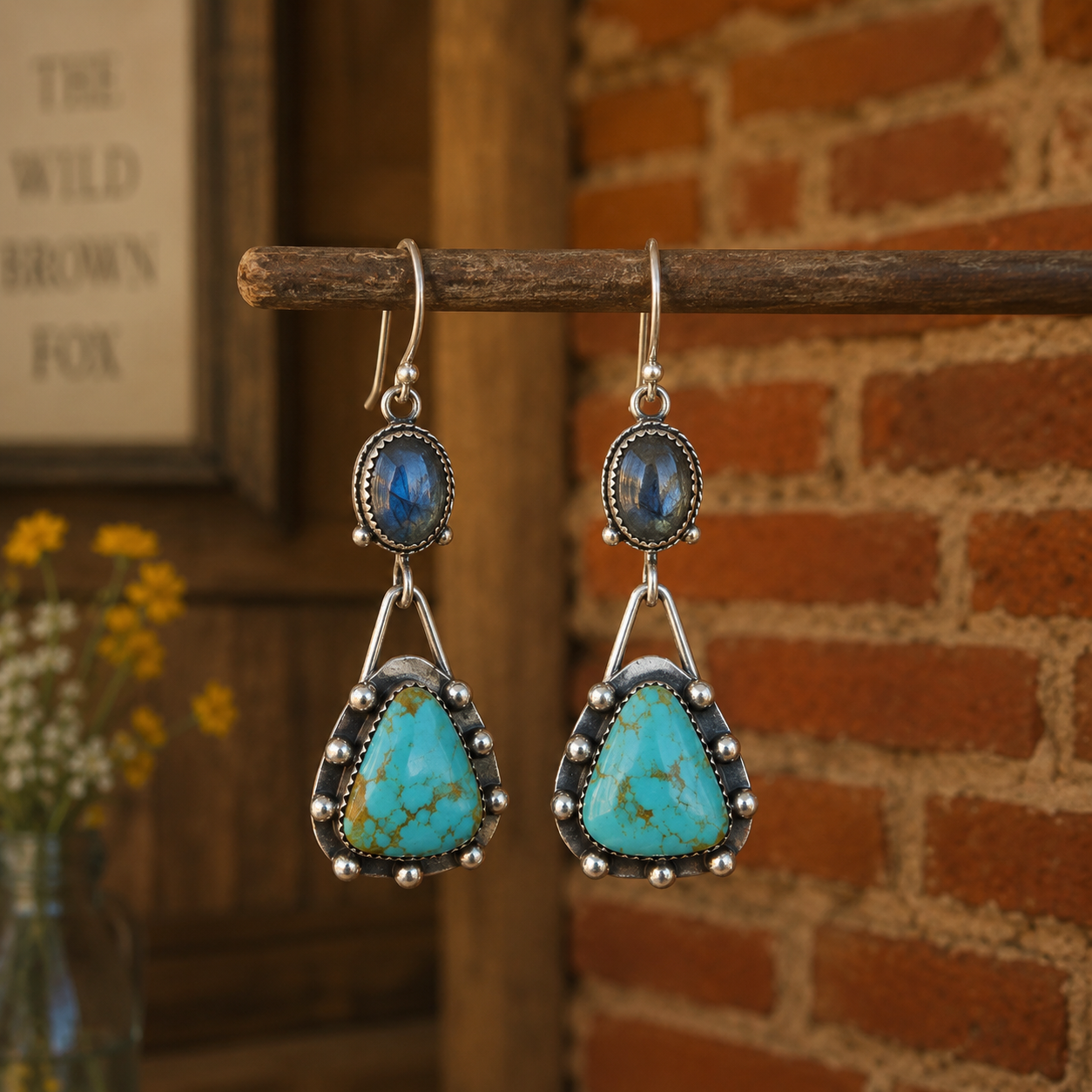 Handmade 925 sterling silver drop earrings featuring genuine moonstone and natural turquoise. Artisan-crafted vintage gemstone jewelry designed for timeless boho elegance