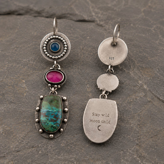 Handmade Sterling Silver Apatite, Pink Agate & Malachite Personalized Drop Earrings