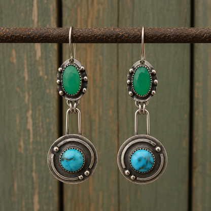 Natural Turquoise & Green Jasper Hammered Sterling Silver Artisan Earrings