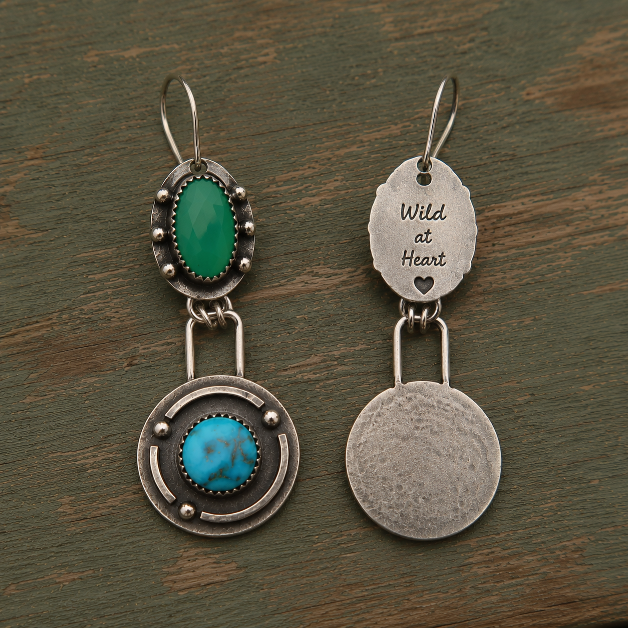 Natural Turquoise & Green Jasper Hammered Sterling Silver Artisan Earrings