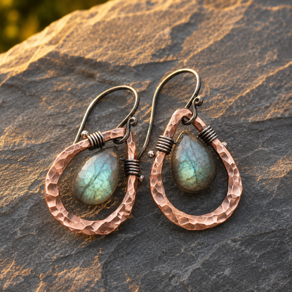 Natural Labradorite Hammered Copper Artisan Earrings