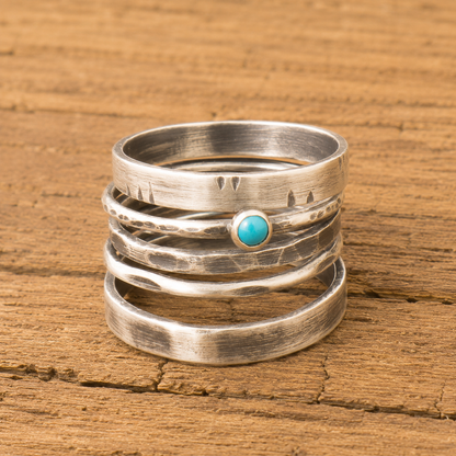 Personalized Oxidized Silver Turquoise Multi-Band Ring Set – Free Custom Engraving