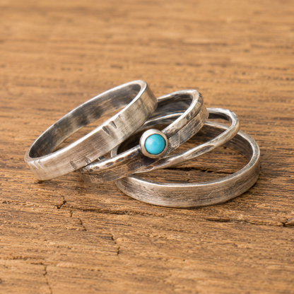 Personalized Oxidized Silver Turquoise Multi-Band Ring Set – Free Custom Engraving