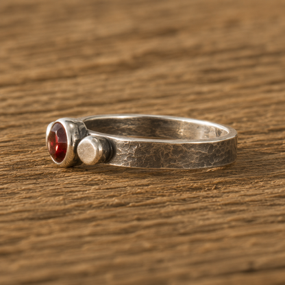 Handmade Hammered Sterling Silver Garnet Ring – Personalized Women’s Artisan Band