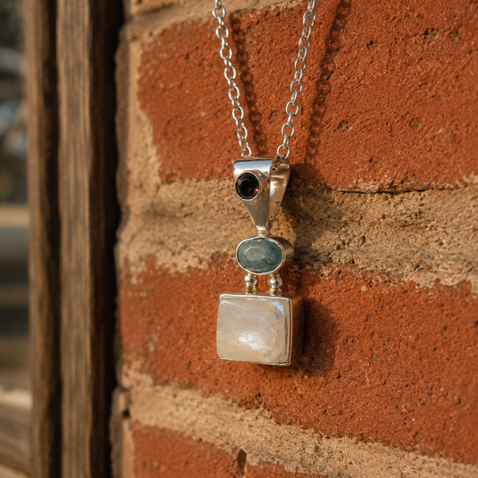 Handmade Sterling Silver Moonstone, Apatite & Black Onyx Pendant Necklace