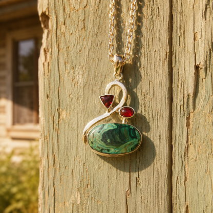 Handcrafted Malachite & Garnet Sterling Silver Necklace