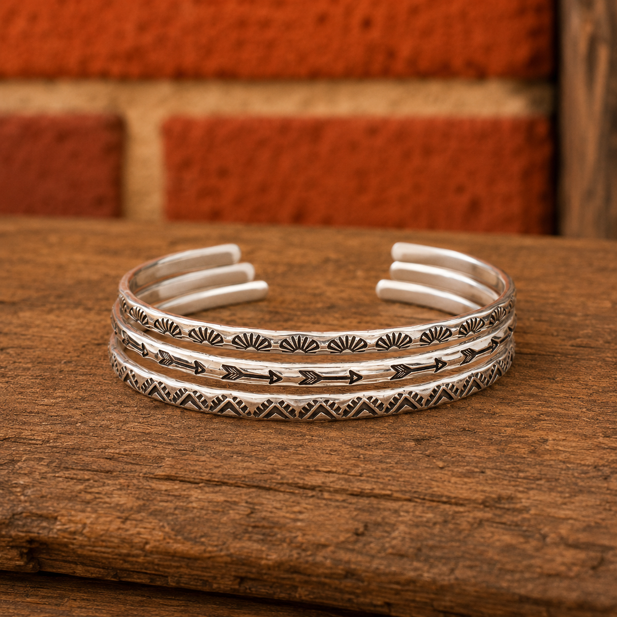 Handmade Sterling Silver Stacking Cuff Bracelet Set – Arrow, Sun & Triangle Collection