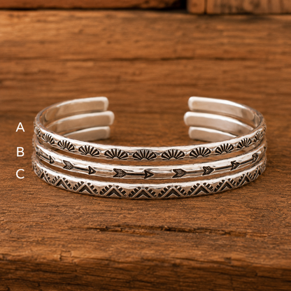 Handmade Sterling Silver Stacking Cuff Bracelet Set – Arrow, Sun & Triangle Collection