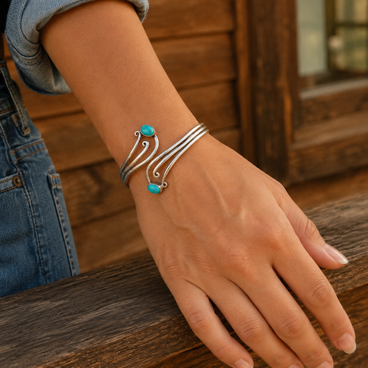 Handmade Sterling Silver Double Band Turquoise Bracelet