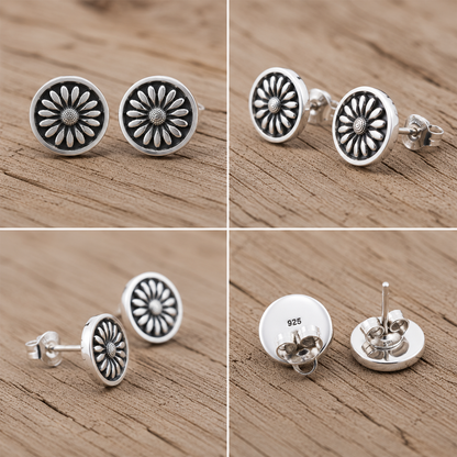 Handmade Sterling Silver Floral Stud Earrings Rose • Sunflower • Sunburst Collection