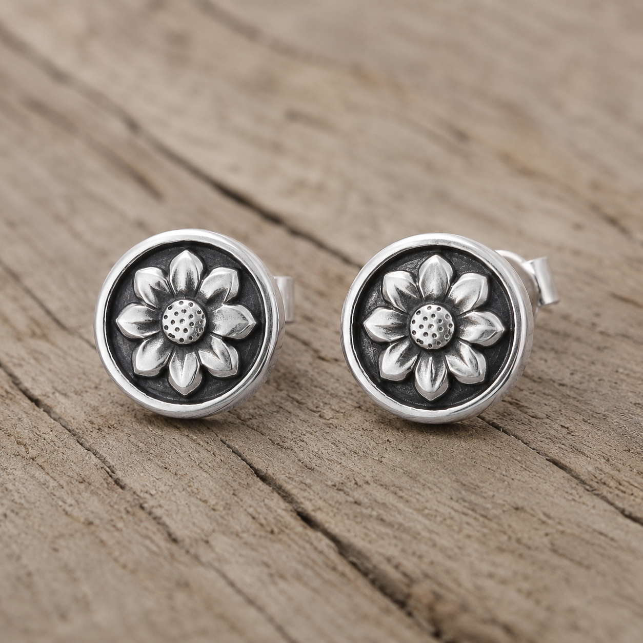 Handmade Sterling Silver Floral Stud Earrings Rose • Sunflower • Sunburst Collection