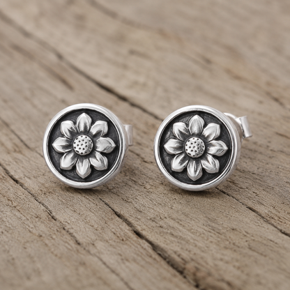 Handmade Sterling Silver Floral Stud Earrings Rose • Sunflower • Sunburst Collection