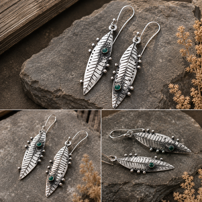Handmade Sterling Silver Green Agate Leaf Earrings