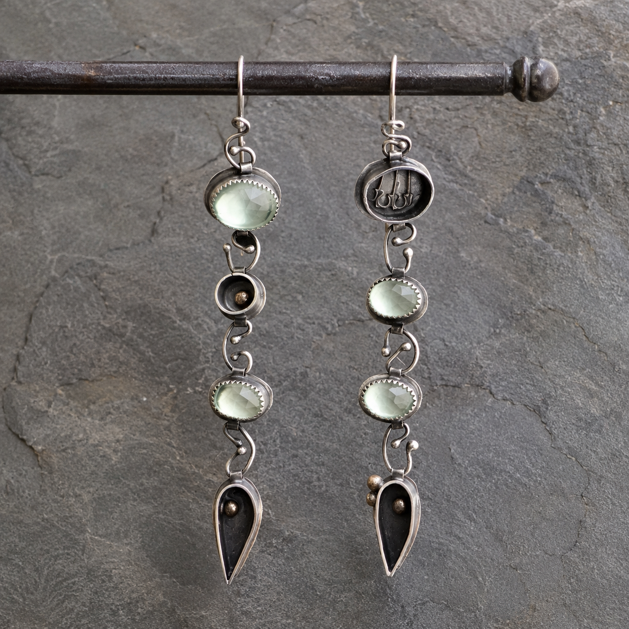 Handmade Sterling Silver Prehnite Asymmetric Earrings