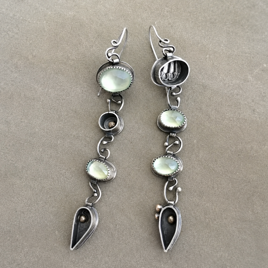 Handmade Sterling Silver Prehnite Asymmetric Earrings