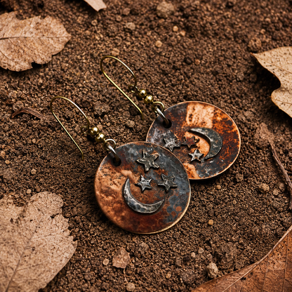 Vintage Hammered Moon & Stars Copper Earrings