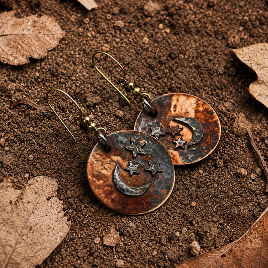 Vintage Hammered Moon & Stars Copper Earrings