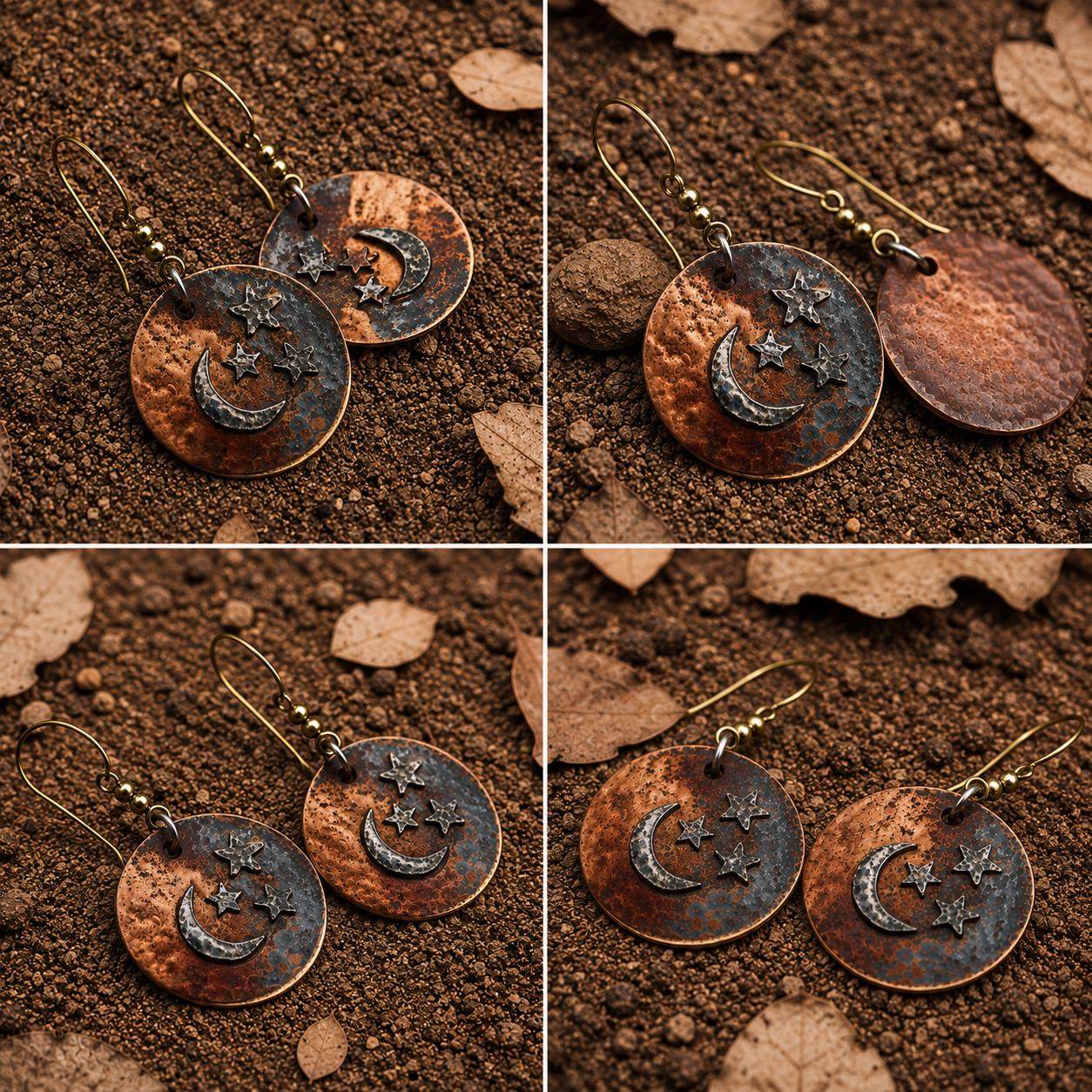 Vintage Hammered Moon & Stars Copper Earrings
