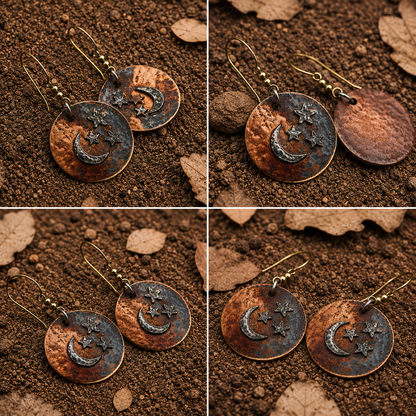 Vintage Hammered Moon & Stars Copper Earrings