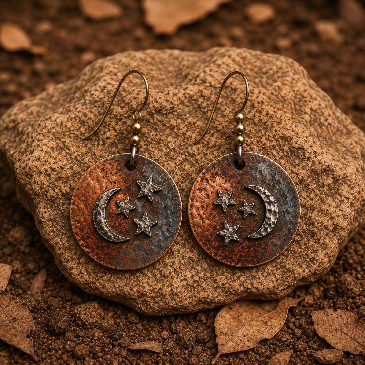Vintage Hammered Moon & Stars Copper Earrings