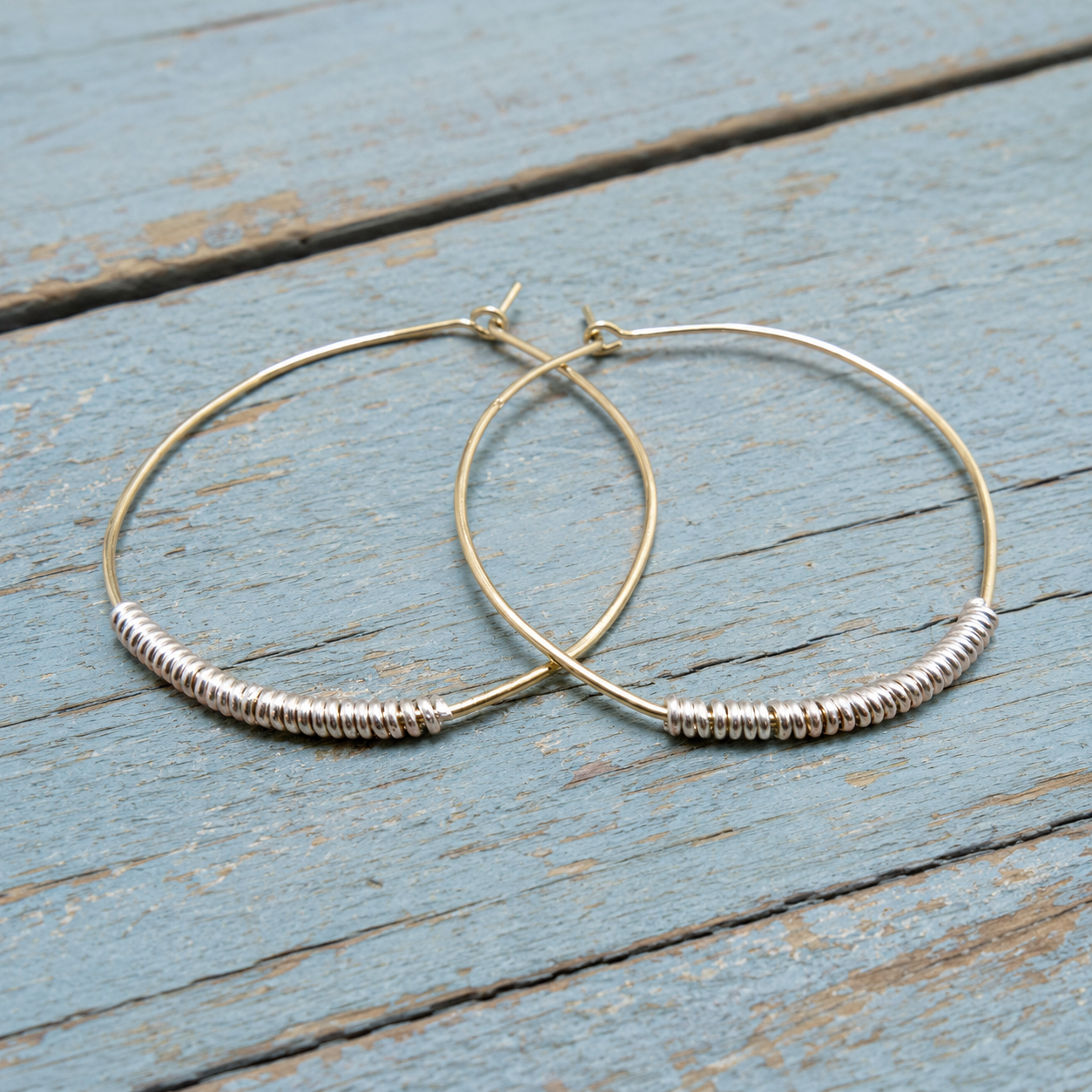 Handcrafted 14K Gold Filled & Silver Wire Wrapped Hoop Earrings