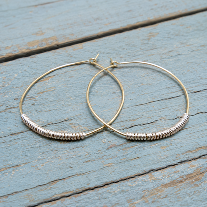 Handcrafted 14K Gold Filled & Silver Wire Wrapped Hoop Earrings