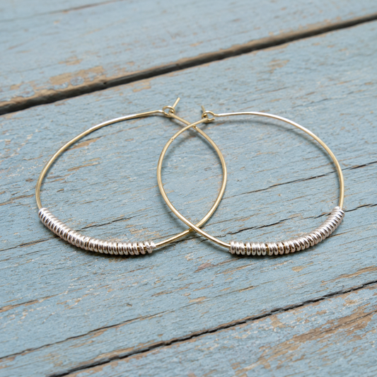 Handcrafted 14K Gold Filled & Silver Wire Wrapped Hoop Earrings