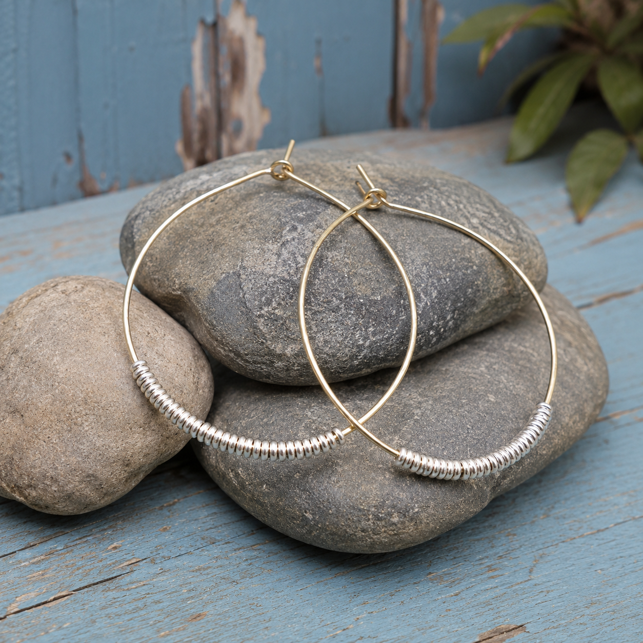 Handcrafted 14K Gold Filled & Silver Wire Wrapped Hoop Earrings