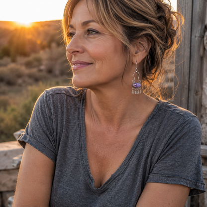 Handcrafted women's earrings featuring purple agate inlay and tassels.