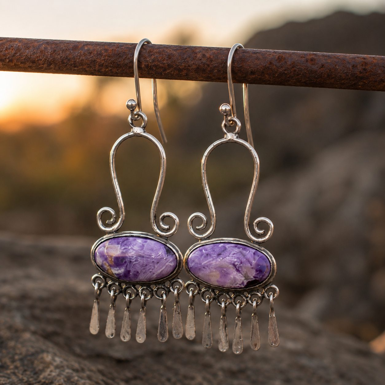 Handcrafted women's earrings featuring purple agate inlay and tassels.