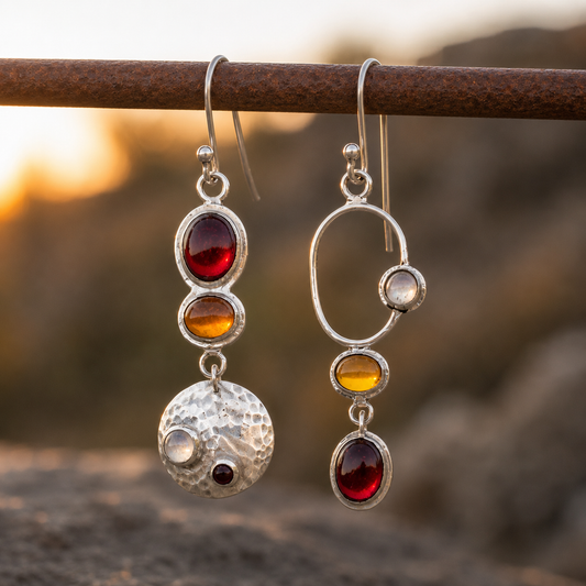 Handmade Hammered Sterling Silver Agate, Moonstone & Labradorite Earrings