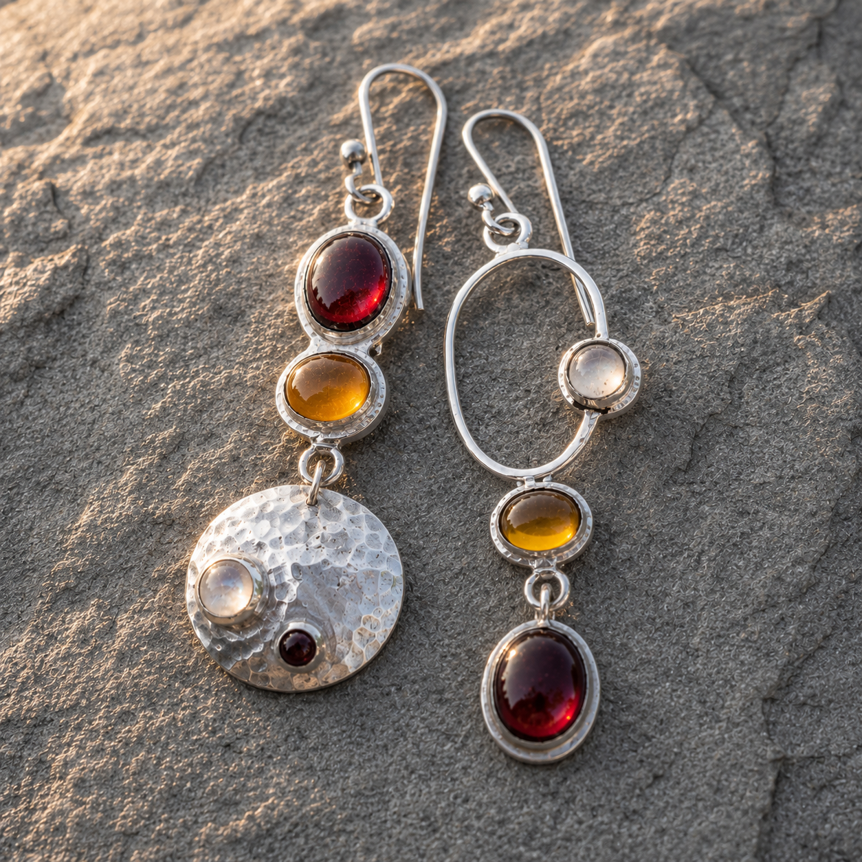 Handmade Hammered Sterling Silver Agate, Moonstone & Labradorite Earrings