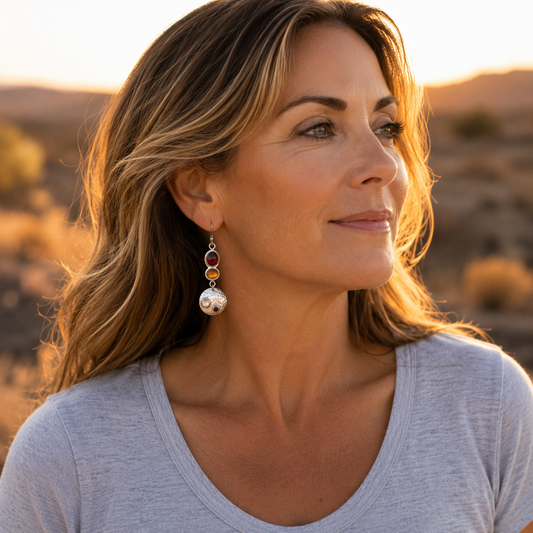 Handmade Hammered Sterling Silver Agate, Moonstone & Labradorite Earrings