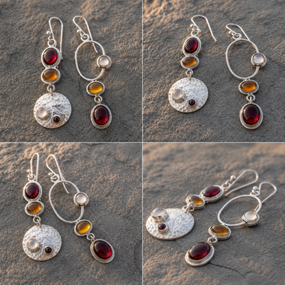 Handmade Hammered Sterling Silver Agate, Moonstone & Labradorite Earrings