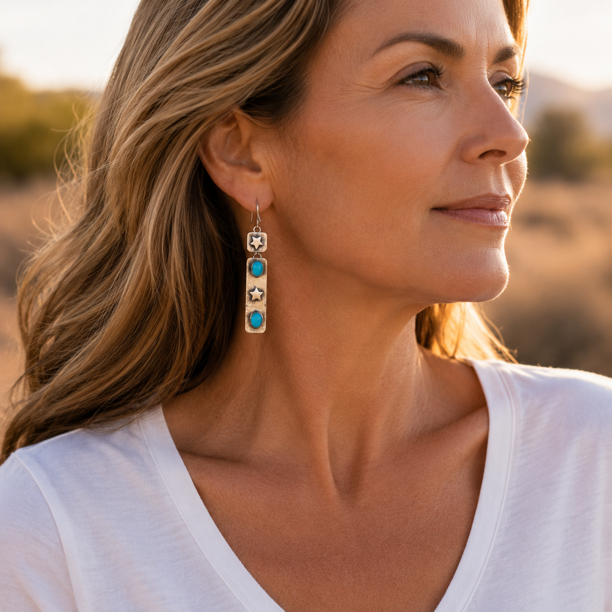 Handmade Hammered Sterling Silver Sleeping Beauty Turquoise Bohemian Earrings