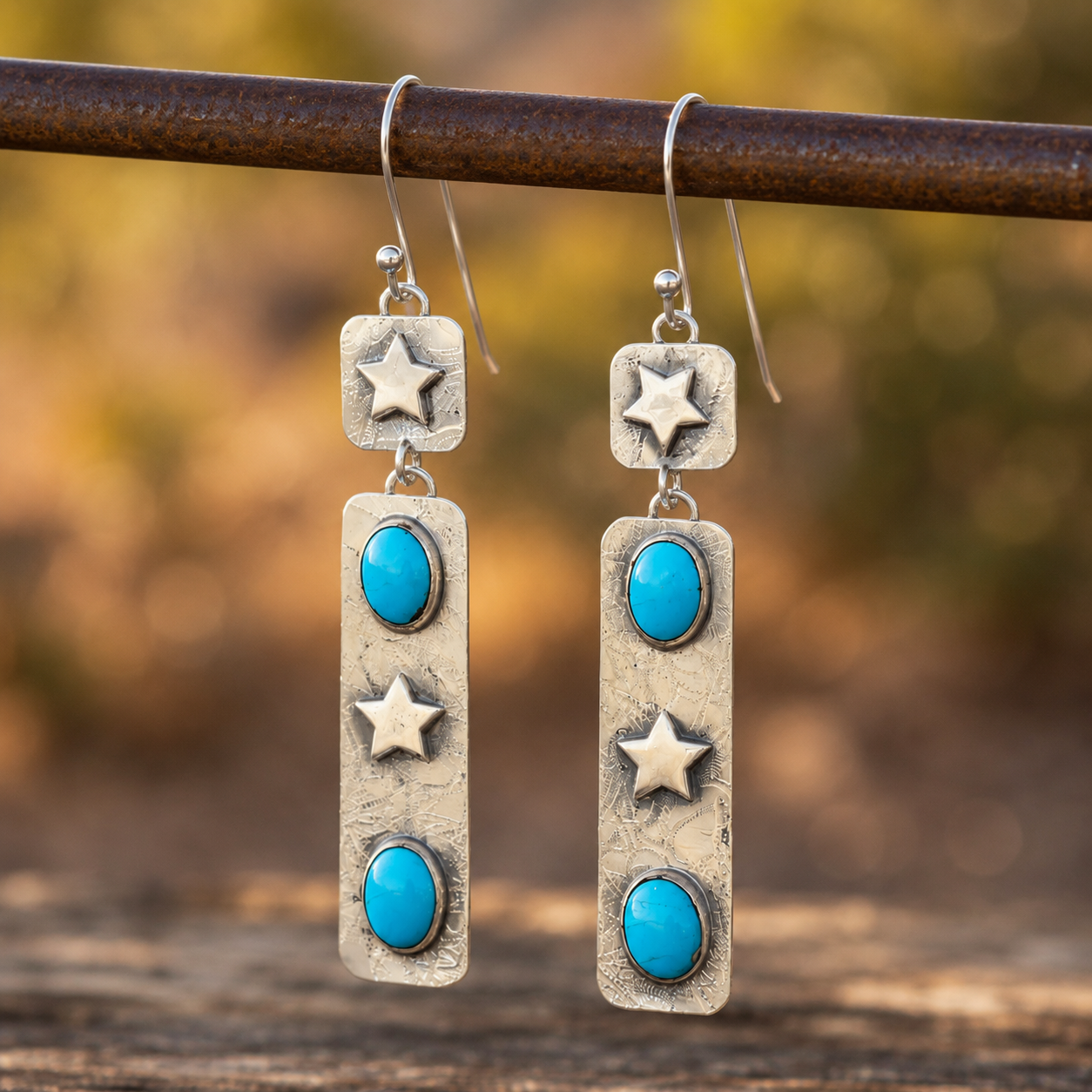 Handmade Hammered Sterling Silver Sleeping Beauty Turquoise Bohemian Earrings